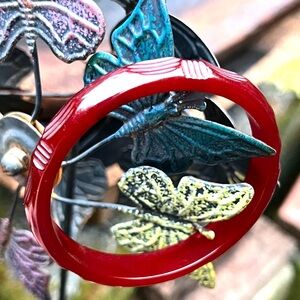 Bakelite Vintage Deep Red Carved Bangle Bracelet, Tested